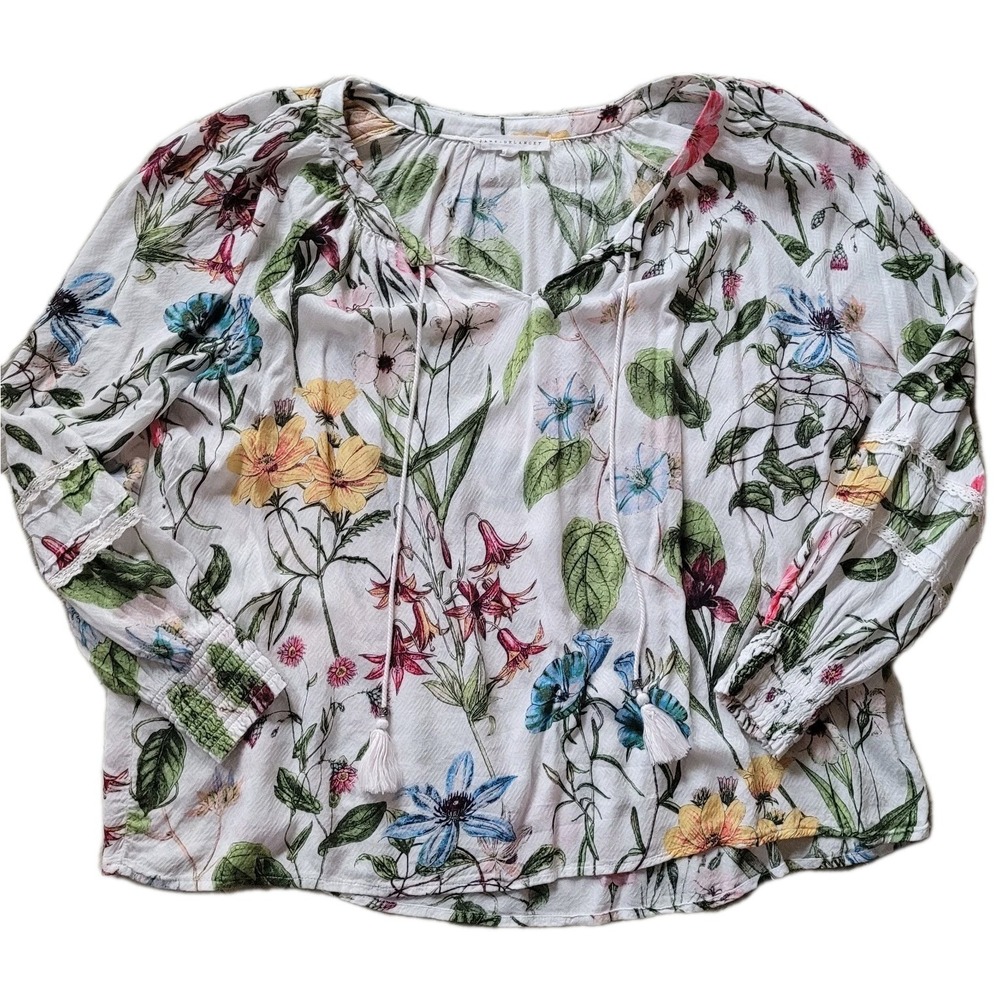 Jane + Delancey Boho Floral Peasant Blouse White Size L 100% Rayon Tassel V-Neck